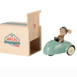 Voiture Maileg Bleue avec Garage en bois et Souris