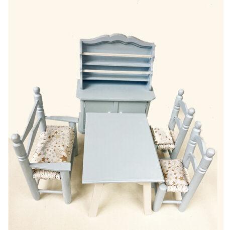 mobilier vintage bleu et blanc buffet table chaises banc